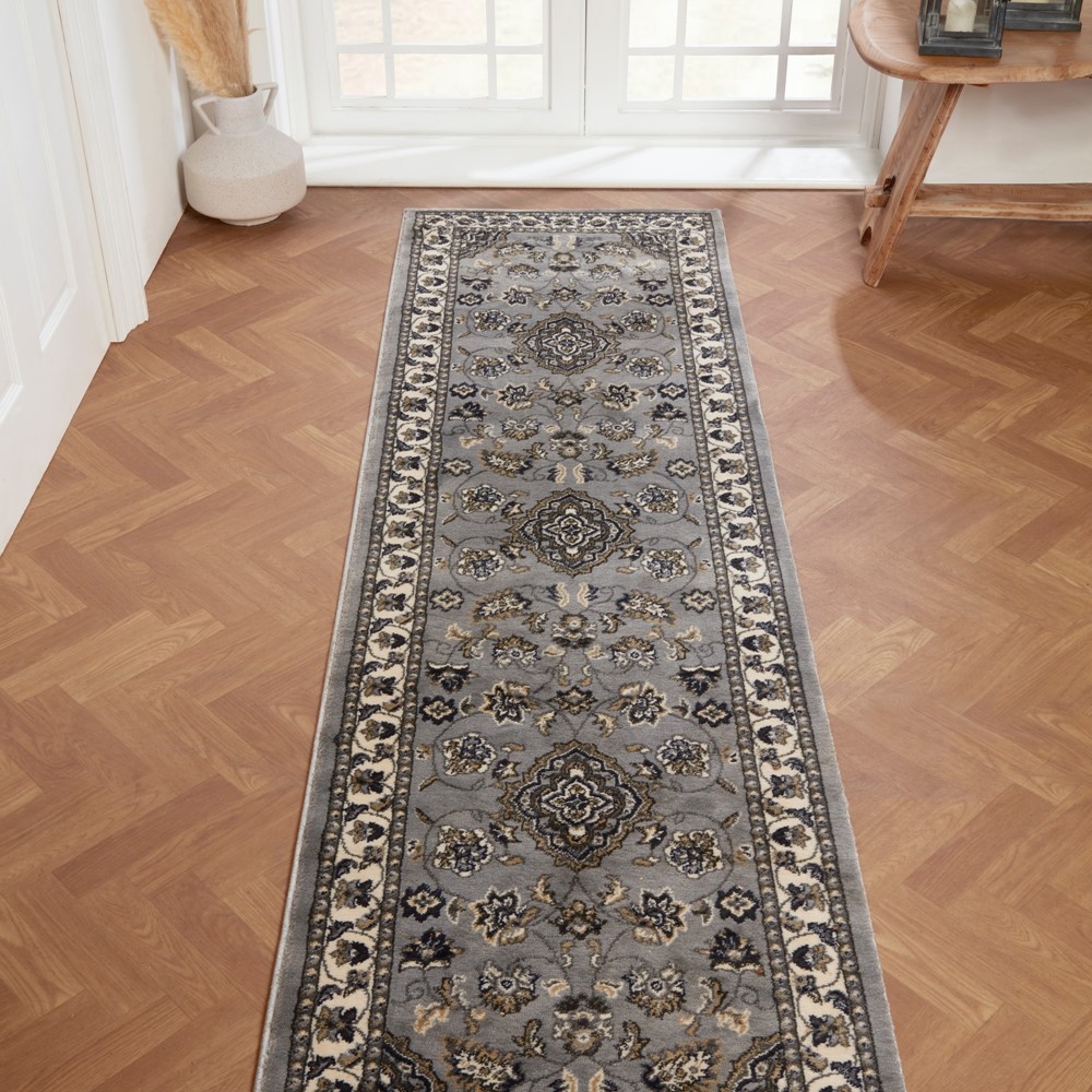 Sherborne Traditional Bordered Runner Rugs in Grey